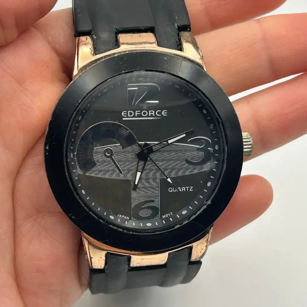 Edforce Men’s Quartz Watch with Rose-gold Accents Black Rubber Strap New Battery